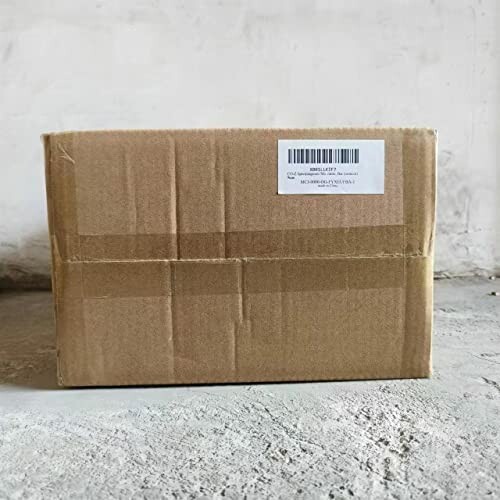 Cardboard box with a label on a concrete floor.