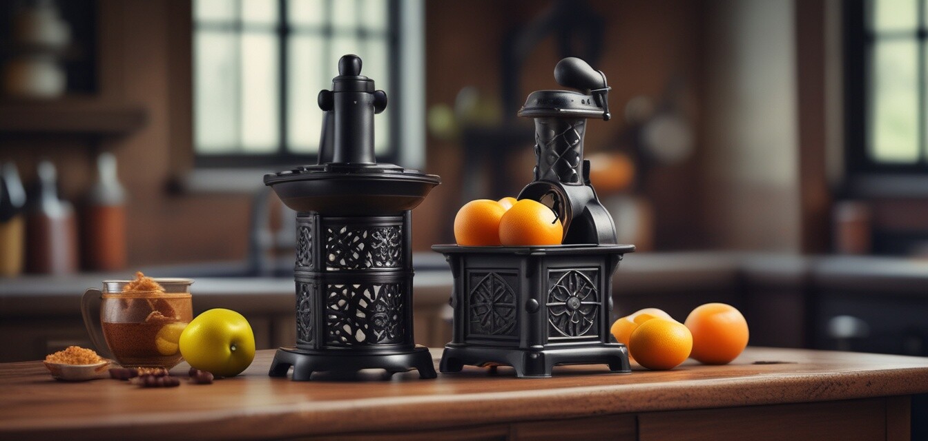 Traditional cast iron juicer showcasing intricate designs