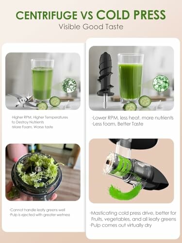 Comparison chart between centrifuge and cold press juicers highlighting differences in RPM, nutrient retention, and pulp ejection.