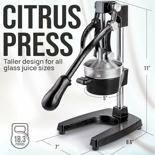 Manual citrus press juicer with dimensions and weight.
