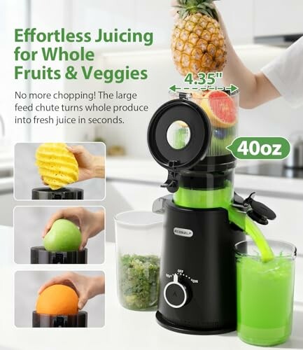 Juicer with large feed chute for whole fruits and veggies, 40oz capacity.