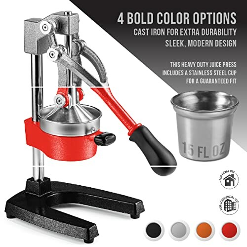 Heavy-duty juice press with stainless steel cup and color options.