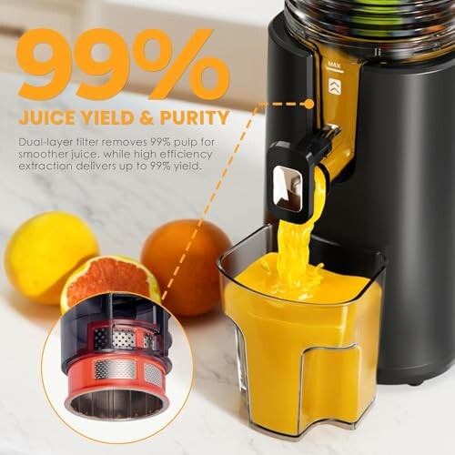 Juicer with high pulp removal and 99% juice yield.