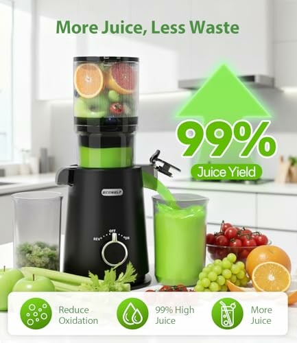 Juicer with 99% juice yield, surrounded by fresh fruits and vegetables.