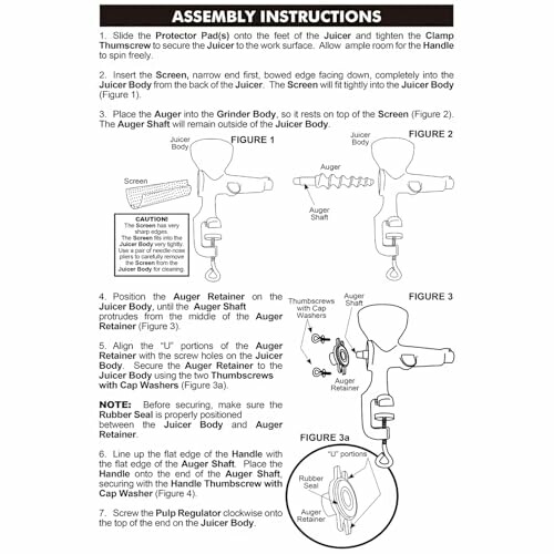 Assembly instructions for juicer with diagrams and steps.