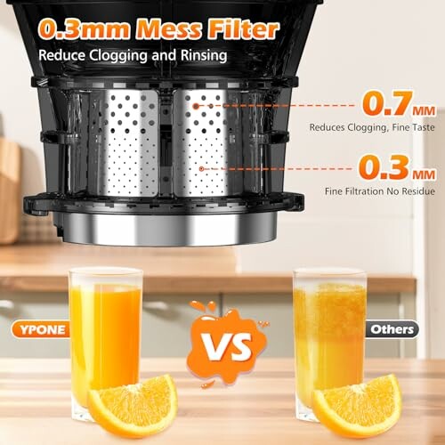 Juicer filter comparison showing 0.3mm mesh filter benefits with two glasses of orange juice.