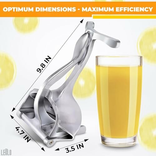 Stainless steel lemon squeezer and glass of juice with dimensions.