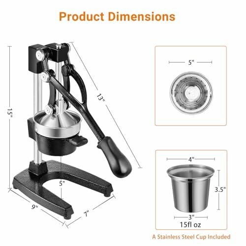 Manual citrus juicer with dimensions and stainless steel cup.
