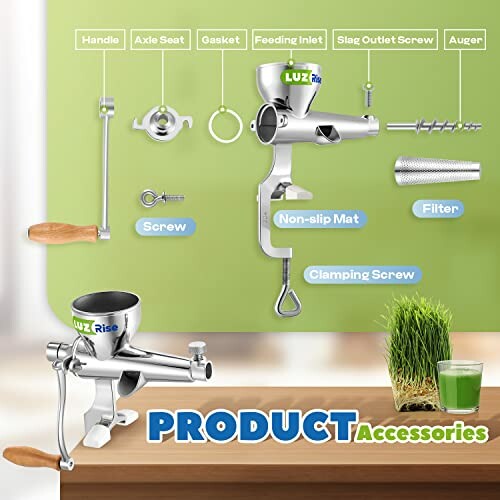 Manual juicer with labeled accessories including handle, axle seat, gasket, feeding inlet, slag outlet screw, auger, screw, non-slip mat, filter, and clamping screw.