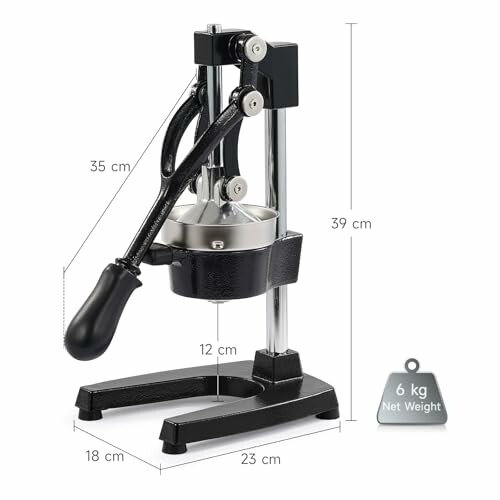 Manual juicer press with dimensions and 6 kg weight label.