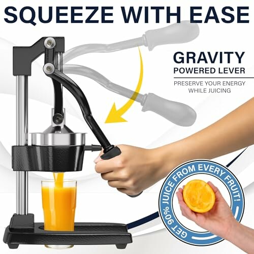 Manual juicer with gravity lever squeezing orange juice into a glass.