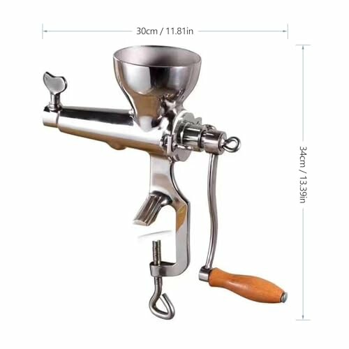 Stainless steel manual meat grinder with wooden handle.