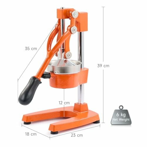 Orange manual juicer with dimensions and weight.