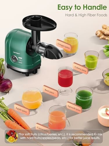 Slow juicer with assorted juices including ginger, celery, beet, spinach, apple, and carrot.