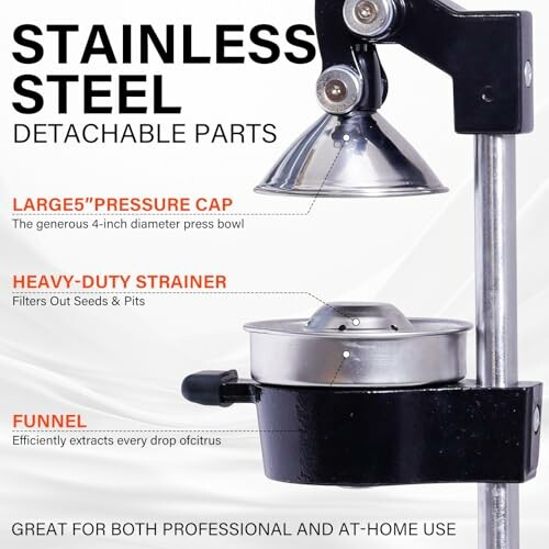 Stainless steel juicer with detachable parts description.
