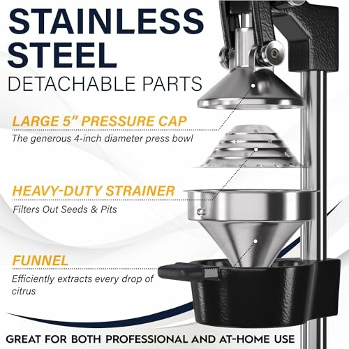 Stainless steel juicer with detachable parts including pressure cap, strainer, and funnel.